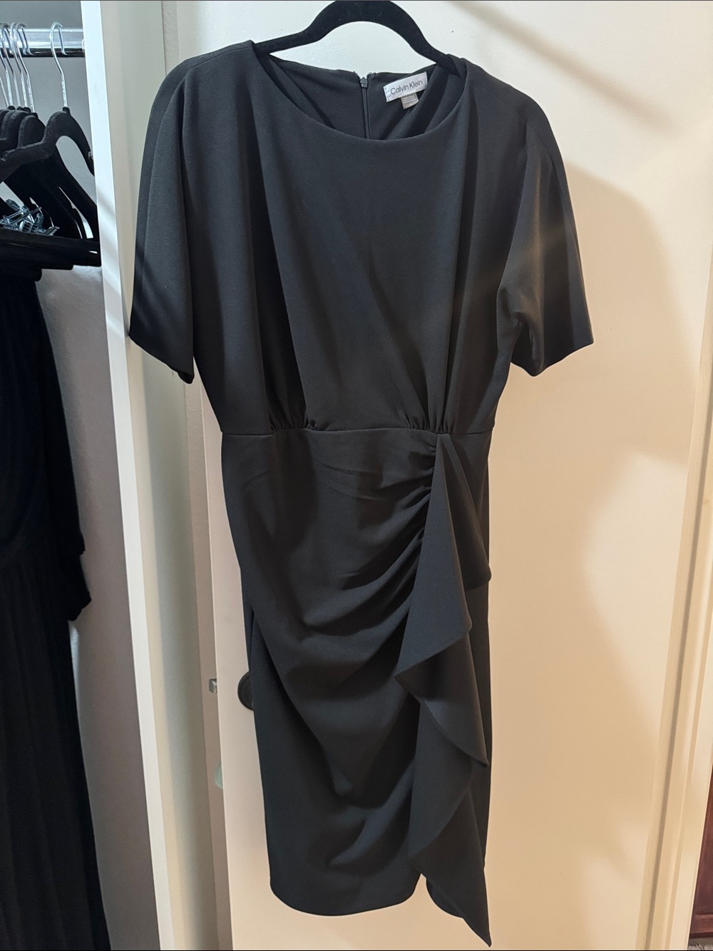 Calvin Klein Black Short-Sleeve Draped Midi Dress